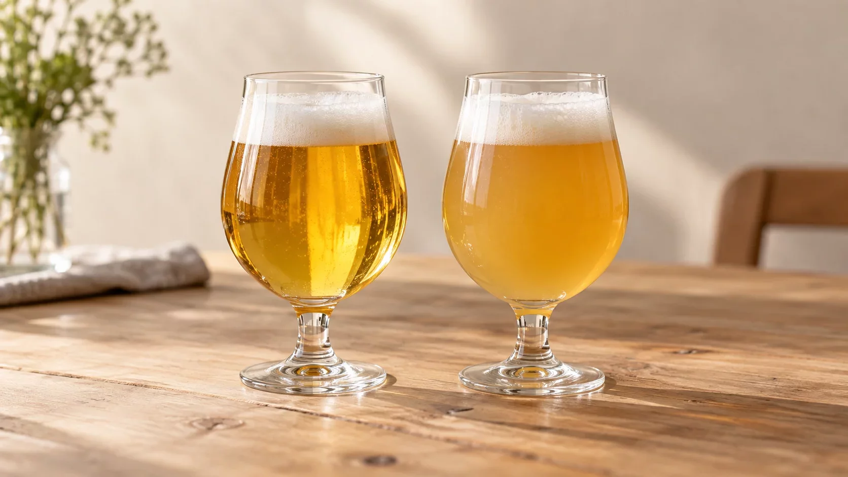 Deux verres de bière blonde, l’une limpide et l’autre trouble, sur une table en bois clair. Illustration générée par IA.