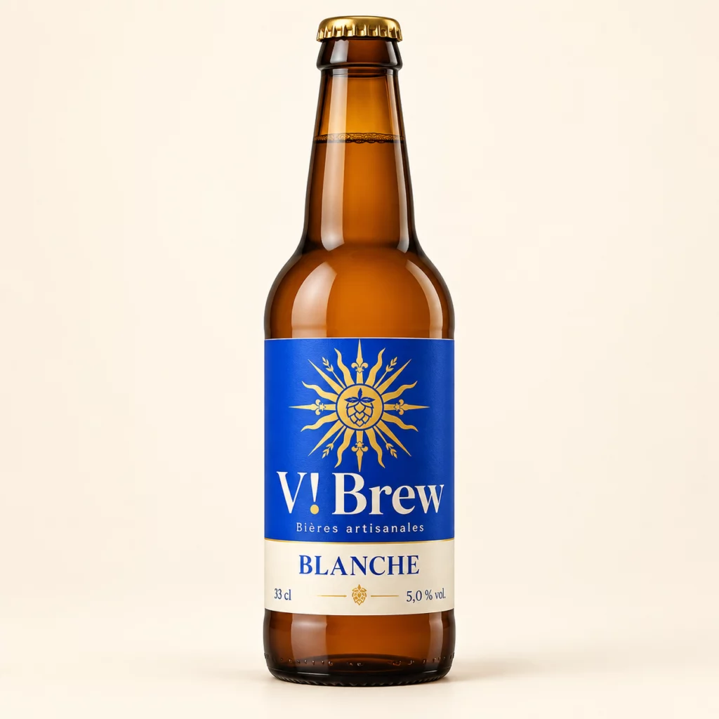 Bouteille V brew Blanche, étiquette bleue et or — illustration de démonstration