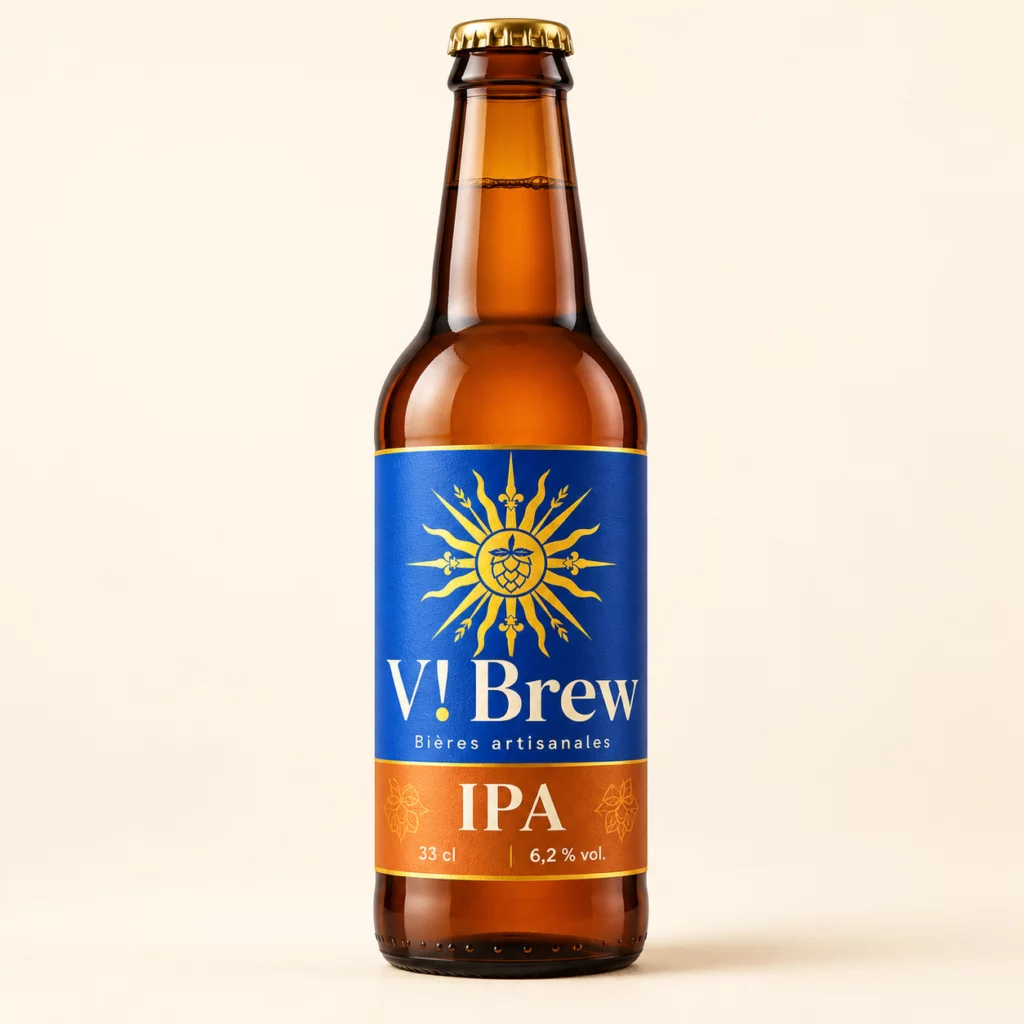 Bouteille V brew IPA, étiquette bleue et or — illustration de démonstration