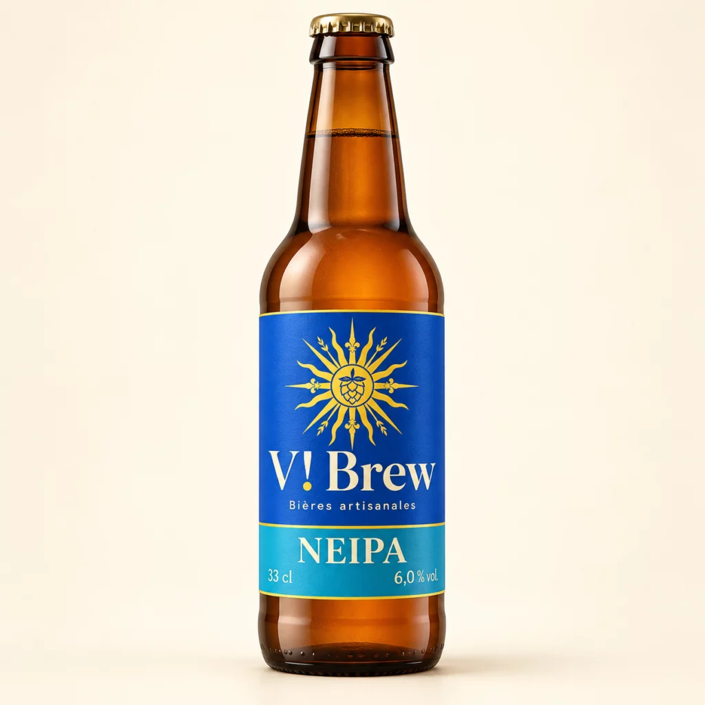 Bouteille V brew NEIPA, étiquette bleue et or — illustration de démonstration