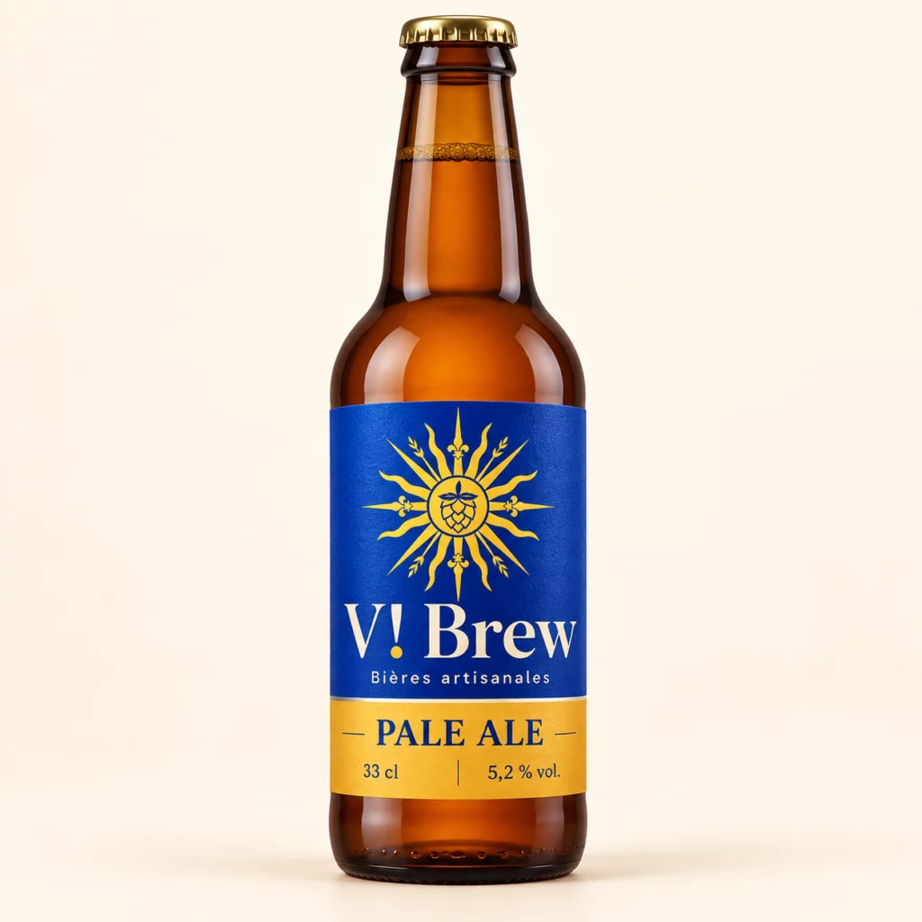 Bouteille V brew Pale Ale, étiquette bleue et or — illustration de démonstration