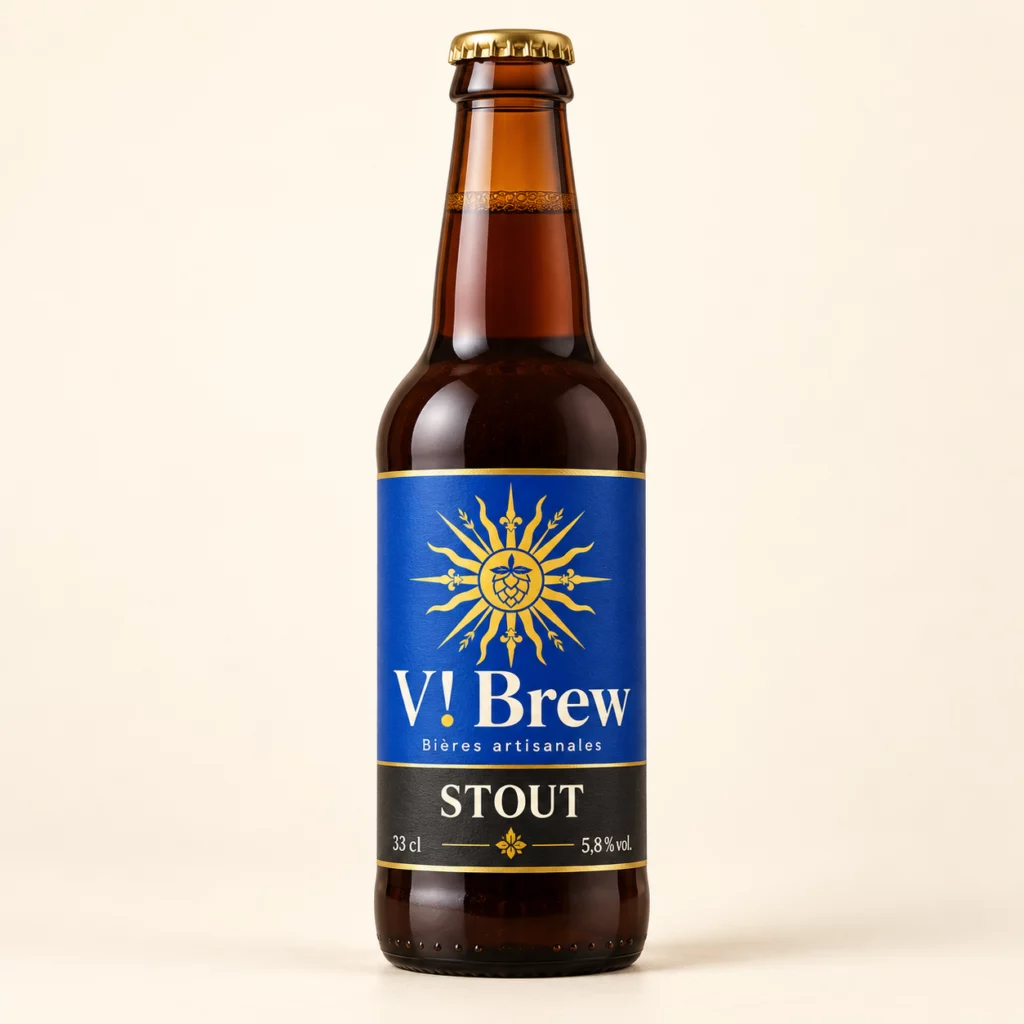 Bouteille V brew Stout, étiquette bleue et or — illustration de démonstration
