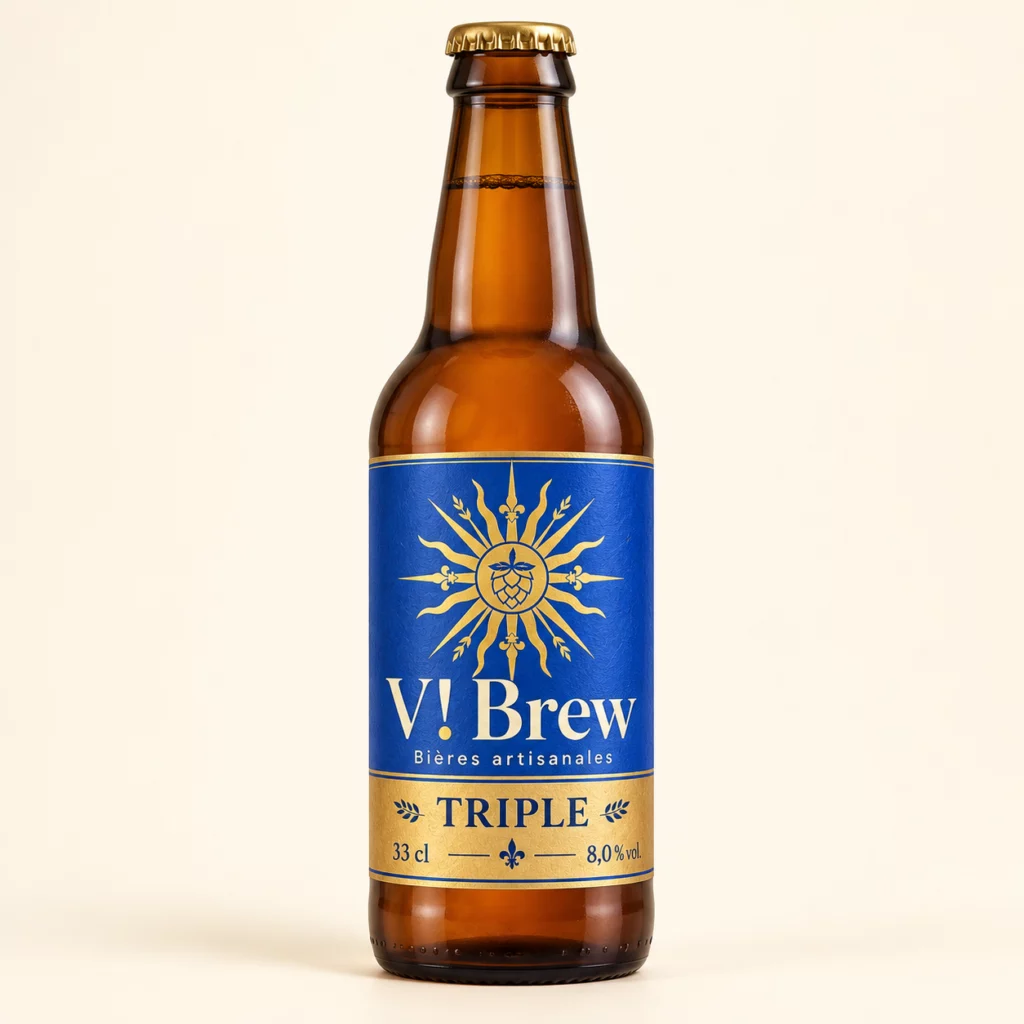 Bouteille V brew Triple, étiquette bleue et or — illustration de démonstration