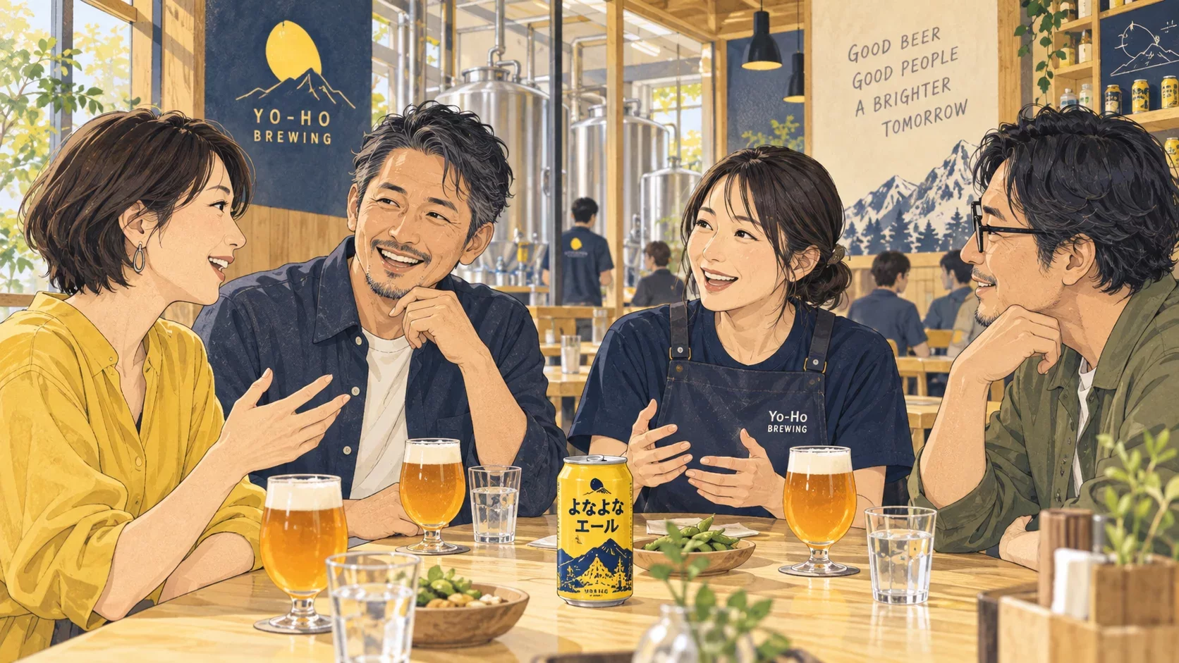 Illustration de quatre adultes échangeant autour de bières et d’une canette Yona Yona Ale dans une brasserie japonaise.
