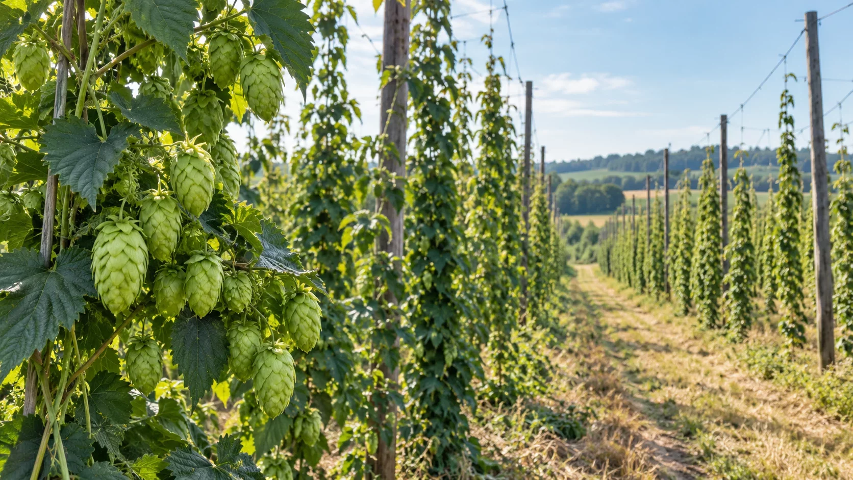 Cônes de houblon au premier plan et rangées de plants dans une houblonnière.