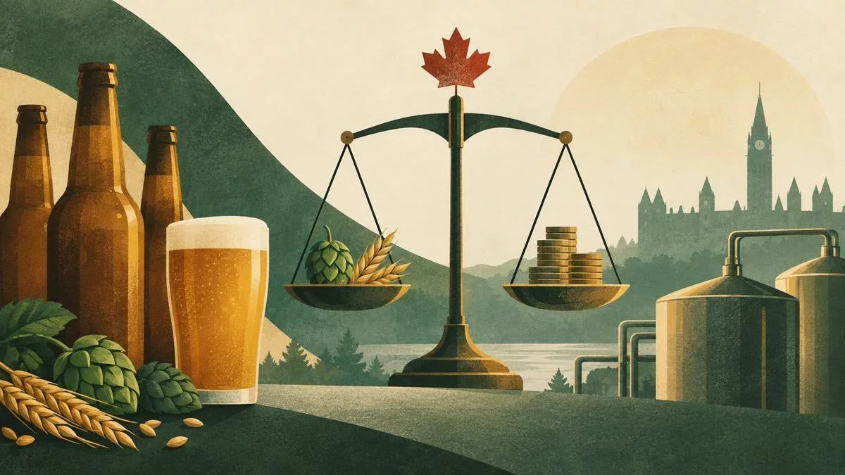 Illustration du débat sur les accises canadiennes : bière, balance et feuille d’érable.