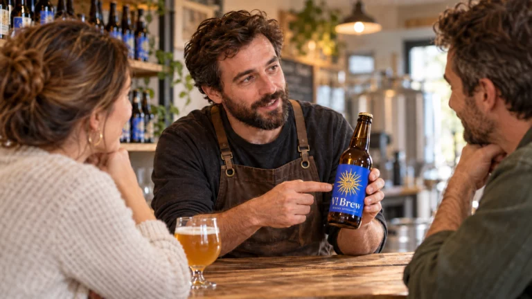 Illustration : un brasseur présente une bouteille V! Brew à deux adultes dans un bar.