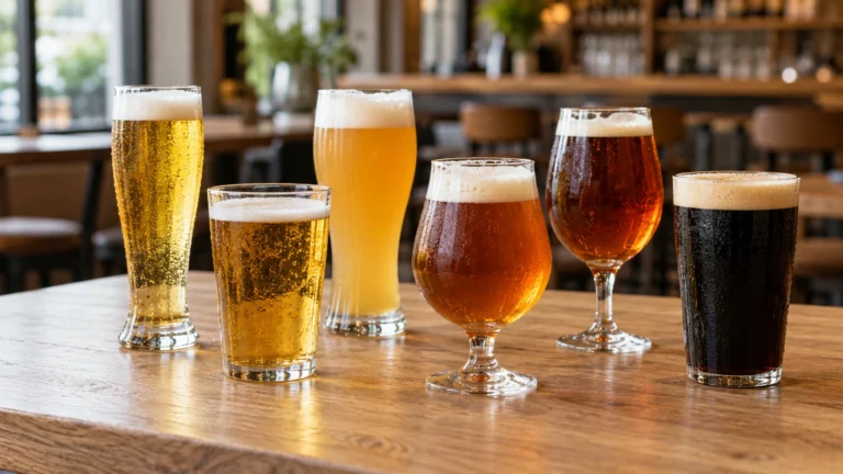 Six verres de bières aux couleurs variées, de la blonde claire à la stout
