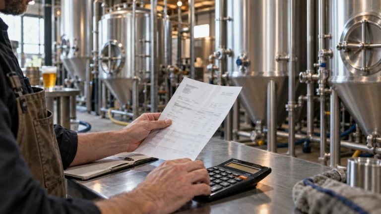 Illustration générée : un brasseur examine une facture avec une calculatrice devant les cuves en inox de la brasserie.