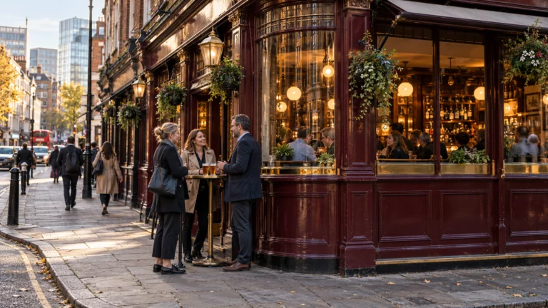 Des adultes discutent autour de bières devant la façade bordeaux d’un pub londonien.