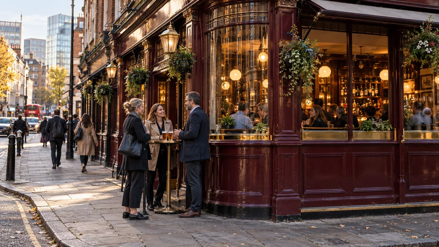Des adultes discutent autour de bières devant la façade bordeaux d’un pub londonien.