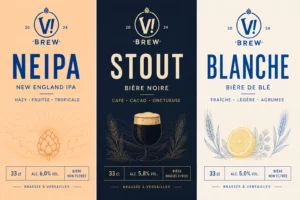 Étiquettes V! Brew NEIPA, Stout et Blanche — créations existantes.