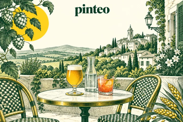 Illustration Pinteo : bière, eau et cocktail sans alcool sur une terrasse française.