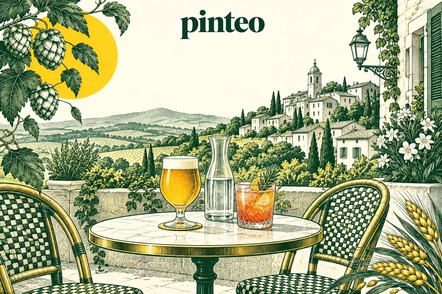 Illustration Pinteo : bière, eau et cocktail sans alcool sur une terrasse française.