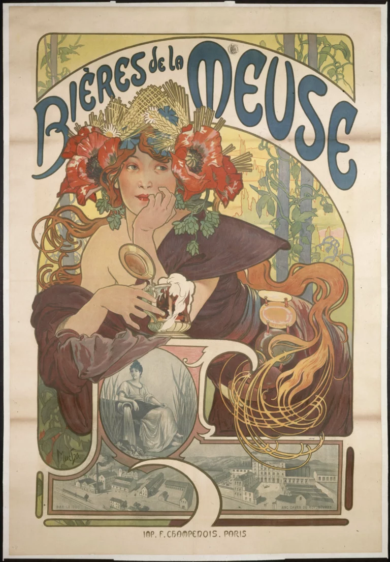 Affiche Bières de la Meuse de Mucha, avec une femme tenant un bock et deux vues de brasseries.