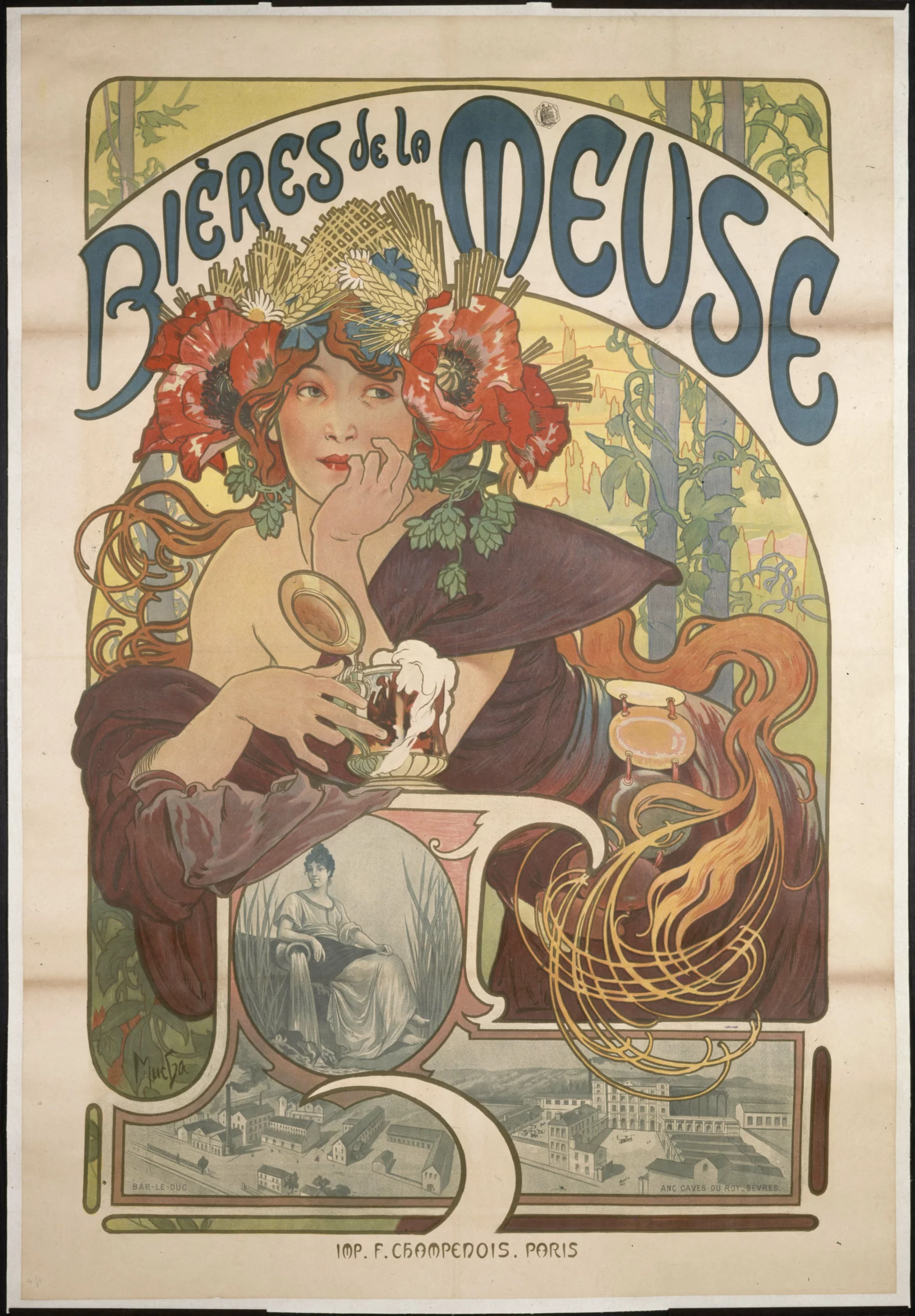 Affiche Bières de la Meuse de Mucha : une femme tenant un bock au-dessus de vues de brasseries.