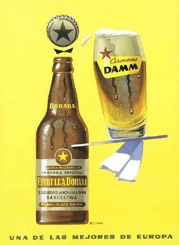 Publicité d’archive Estrella Dorada présentant une bouteille et un verre de bière.