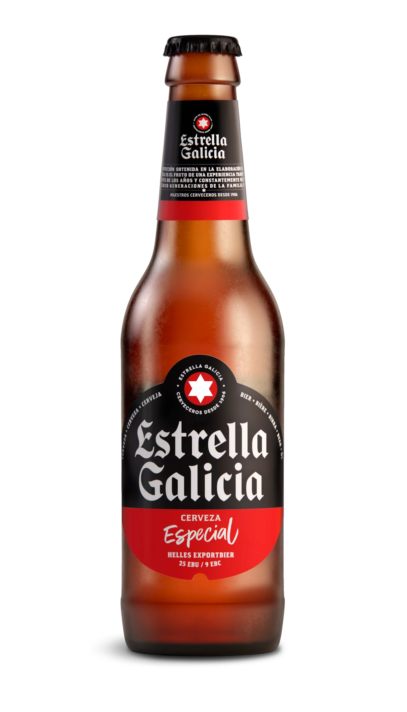 Bouteille Estrella Galicia Especial portant une étiquette noire et rouge.