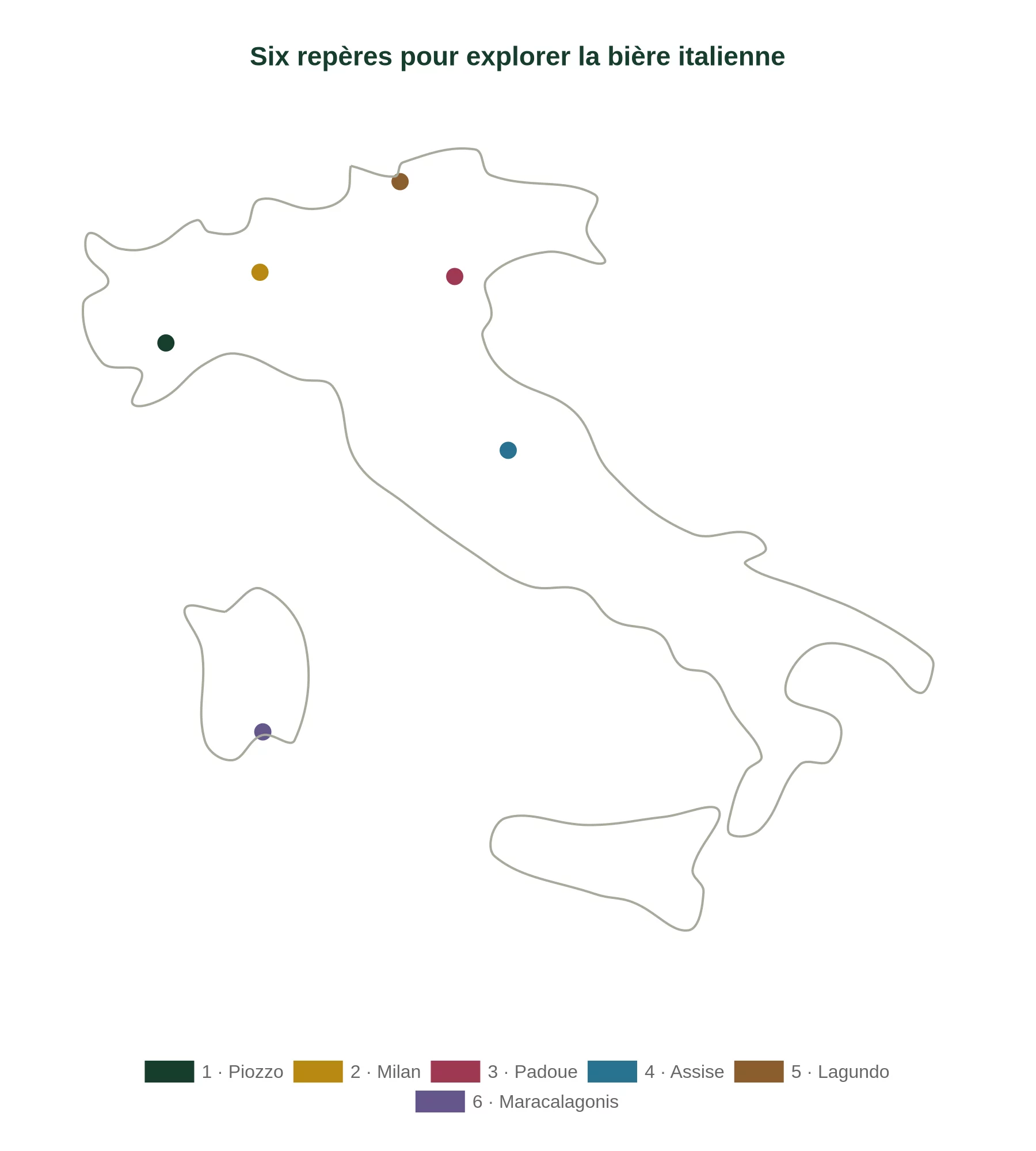 Carte de six villes liées aux brasseries et aux marques citées dans l’article