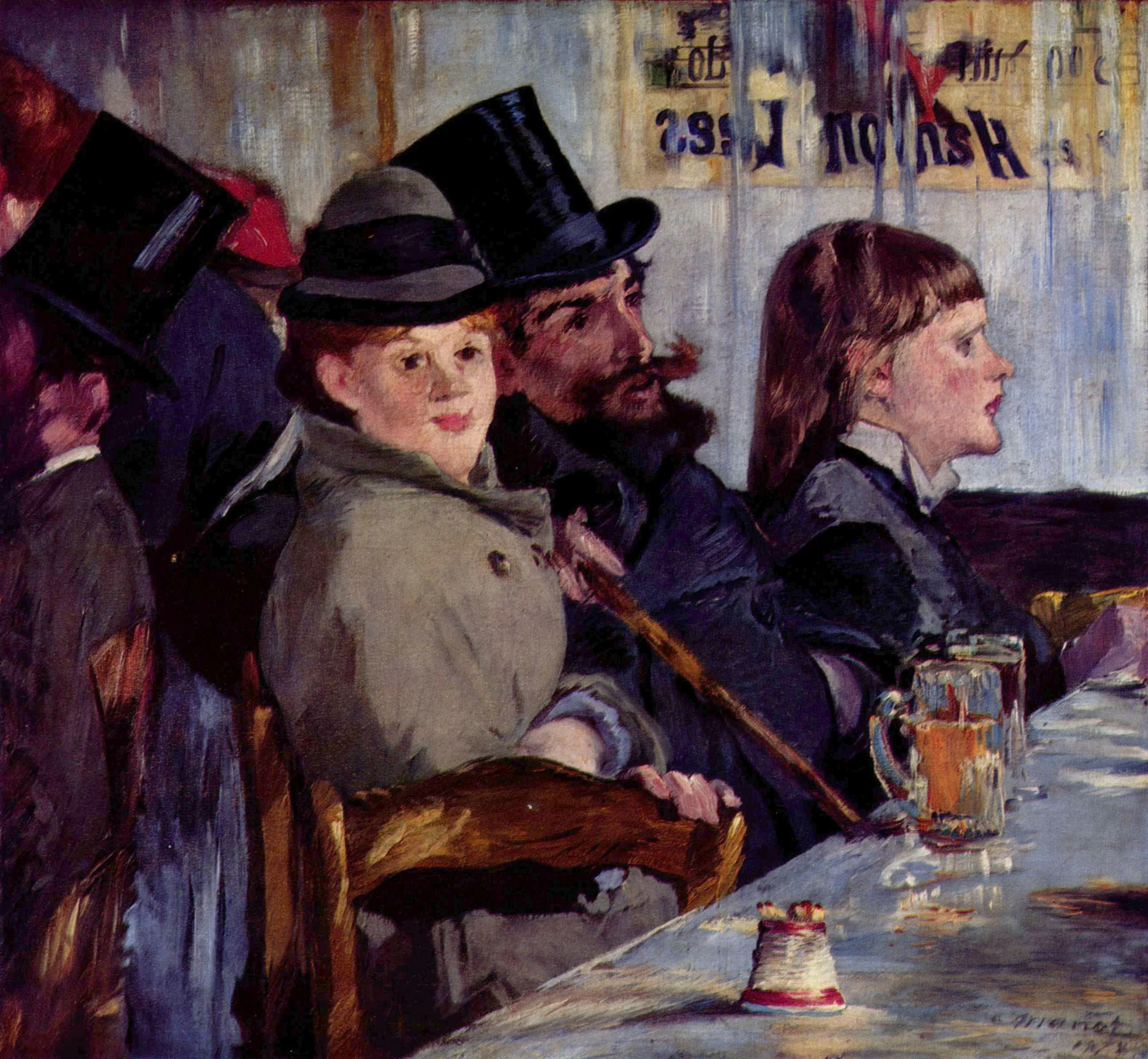 Un homme et deux femmes assis à une table dans Au café de Manet, conservé à Winterthur.