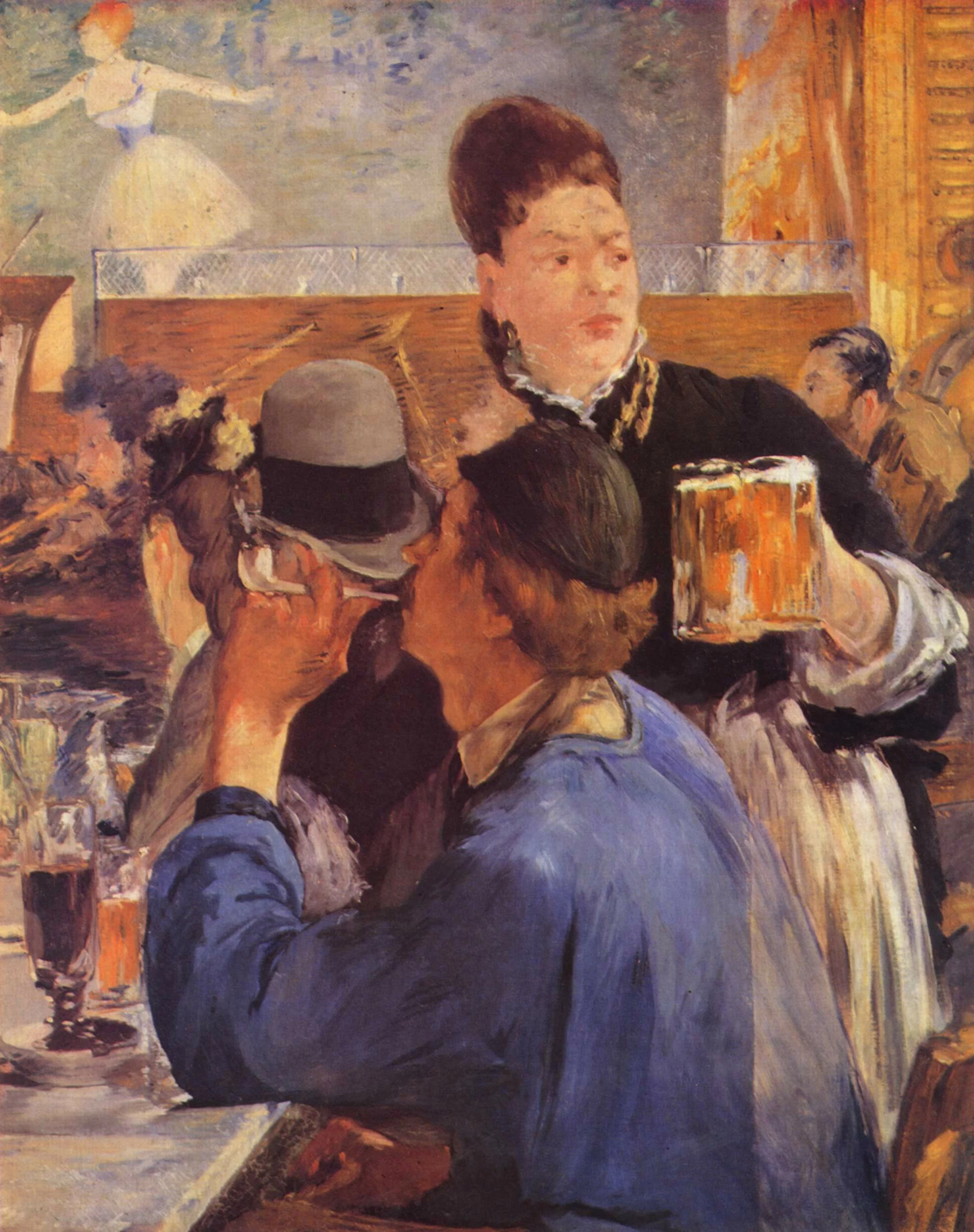 Une serveuse porte des bières près d’un client en blouse dans Coin de café-concert de Manet.
