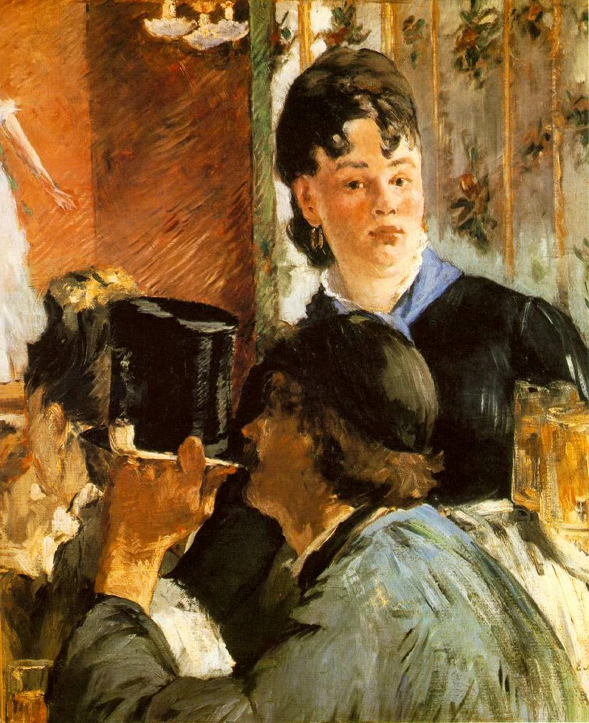 Une serveuse apporte des verres de bière à des clients dans La Serveuse de bocks de Manet.