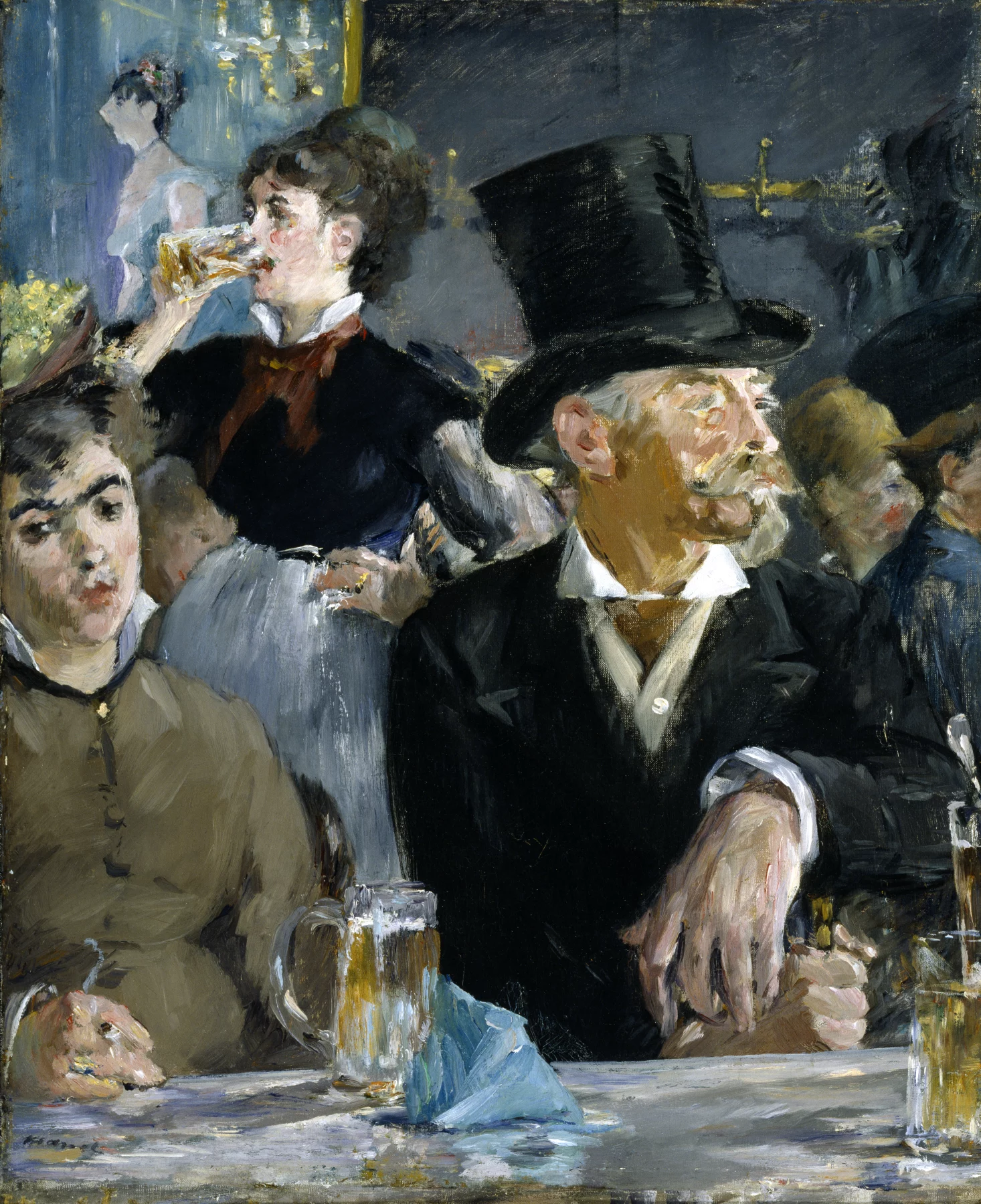 Des clients et une serveuse réunis autour de verres de bière dans Le Café-concert de Manet.