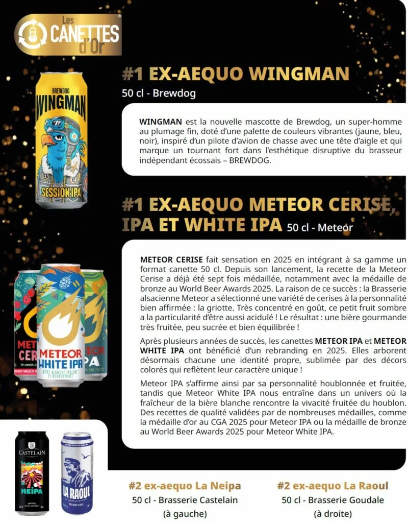 Visuel du palmarès design Bières 2025 : Wingman de BrewDog et canettes Meteor, lauréats ex æquo