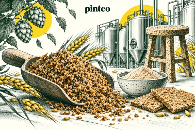 Illustration Pinteo : drêches, farine, crackers et mobilier devant des cuves de brasserie