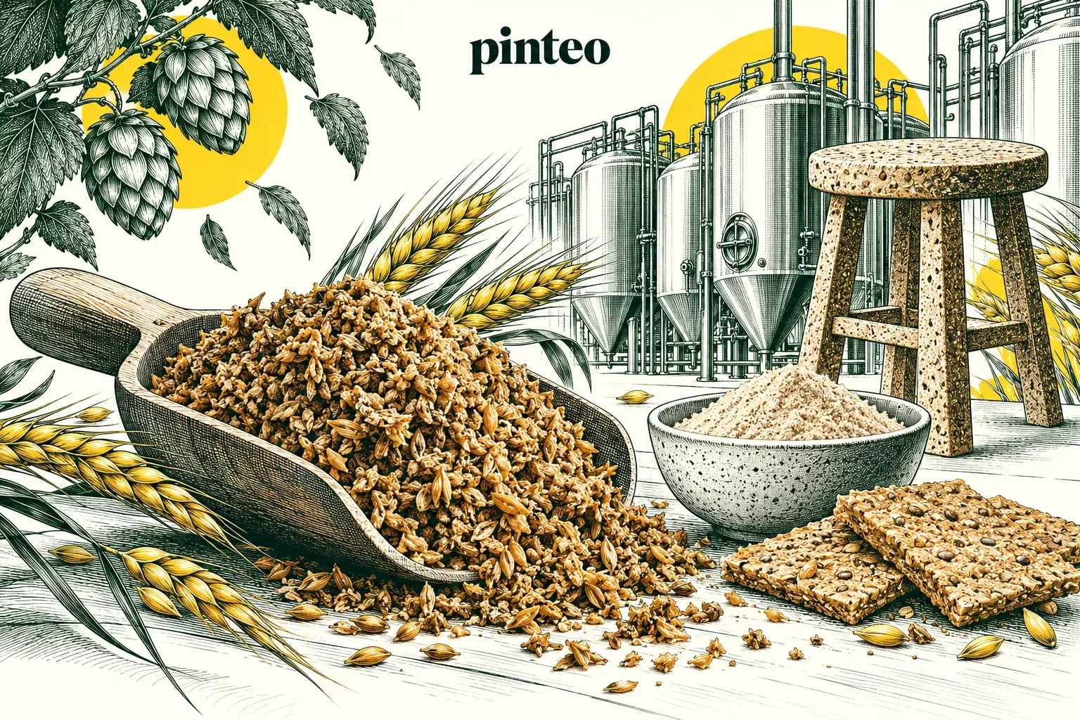 Illustration Pinteo : drêches, farine, crackers et mobilier devant des cuves de brasserie