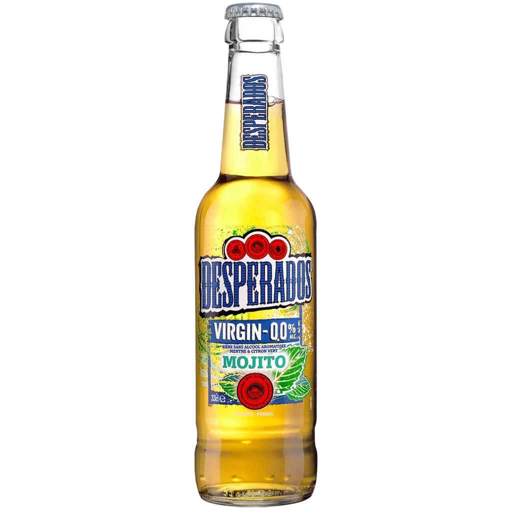 Bouteille de Desperados Virgin Mojito 0,0 %, menthe et citron vert.