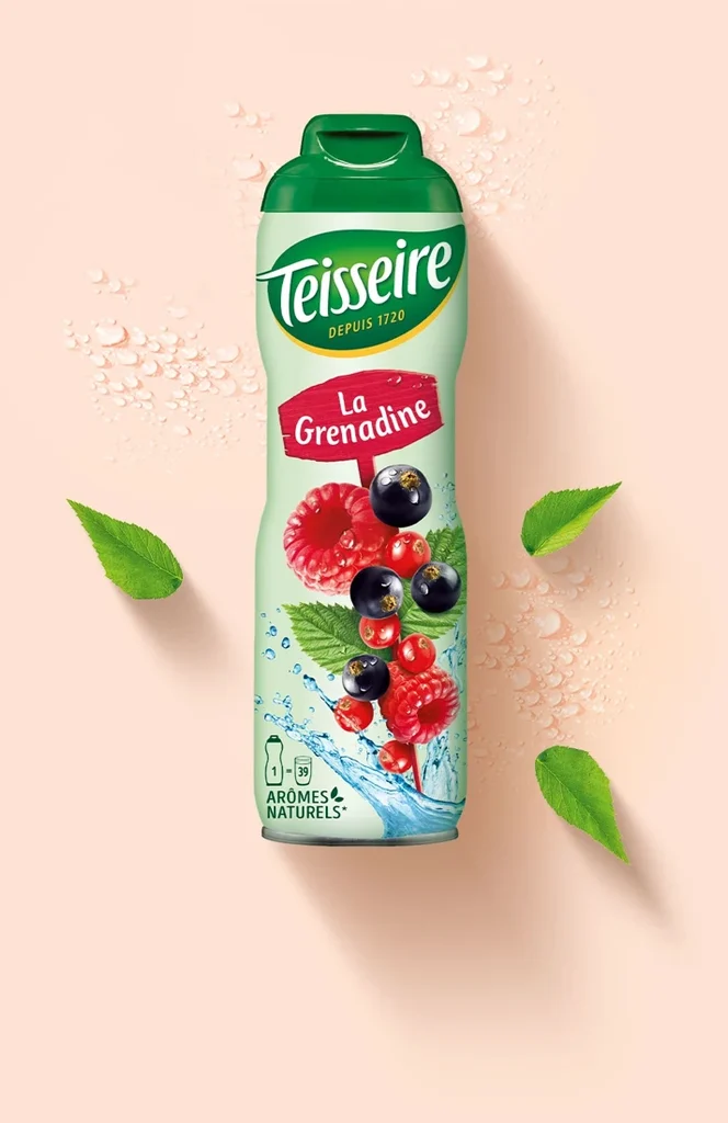 Bidon de sirop de grenadine Teisseire, marque intégrée au groupe Carlsberg via Britvic.