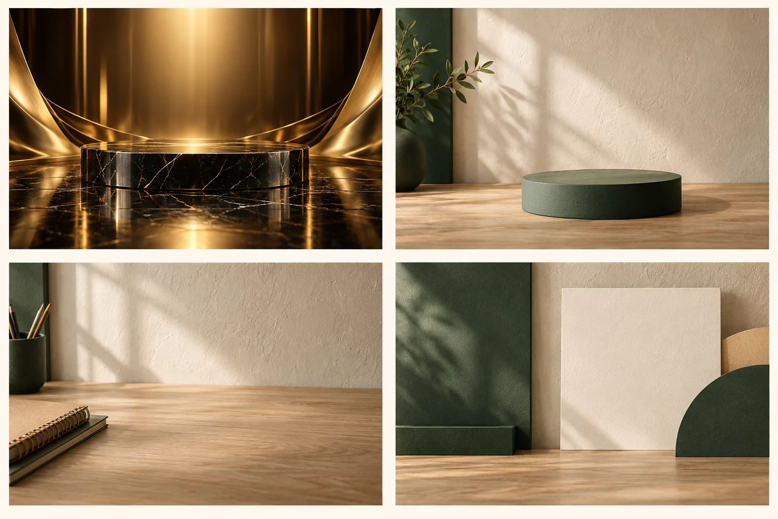 Démonstration fictive : un décor doré et trois compositions coordonnées en vert, ivoire et bois clair.