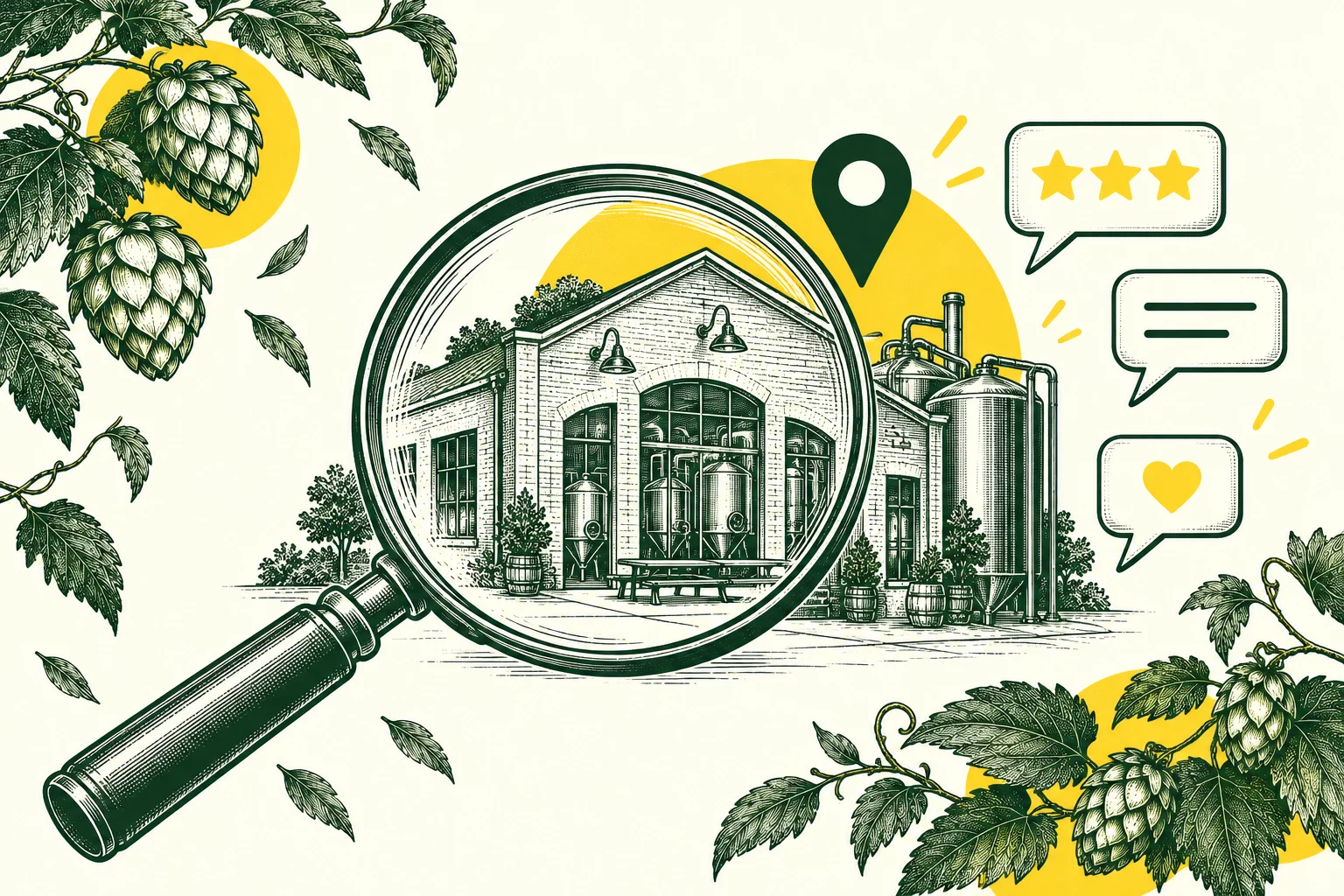 Brasserie, loupe et bulles de dialogue symbolisant la visibilité en ligne