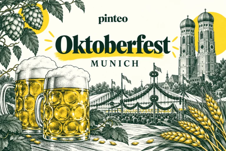 Illustration Pinteo de l’Oktoberfest à Munich : chopes de bière, tentes de fête, houblon et tours de la Frauenkirche.
