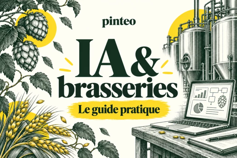 IA et brasseries : guide pratique Pinteo, illustration de houblon, cuves et ordinateur en vert et jaune.