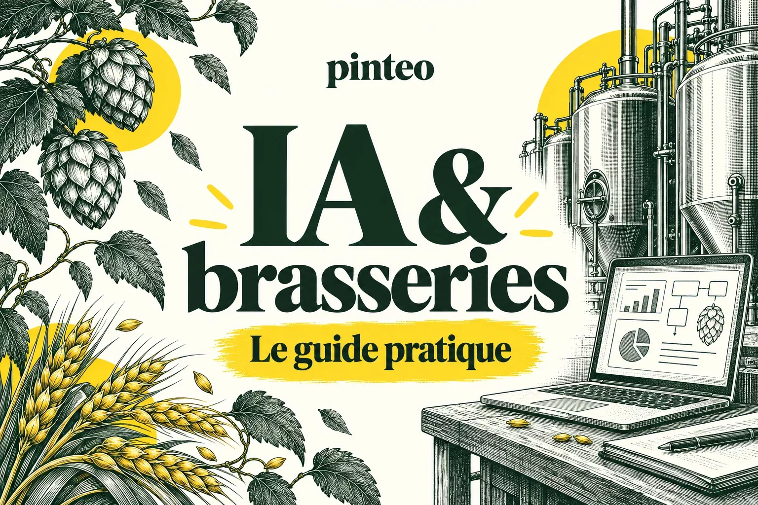 IA et brasseries : guide pratique Pinteo, illustration de houblon, cuves et ordinateur en vert et jaune.