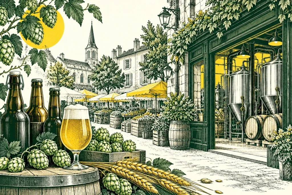 Marché de centre-ville et façade de brasserie artisanale