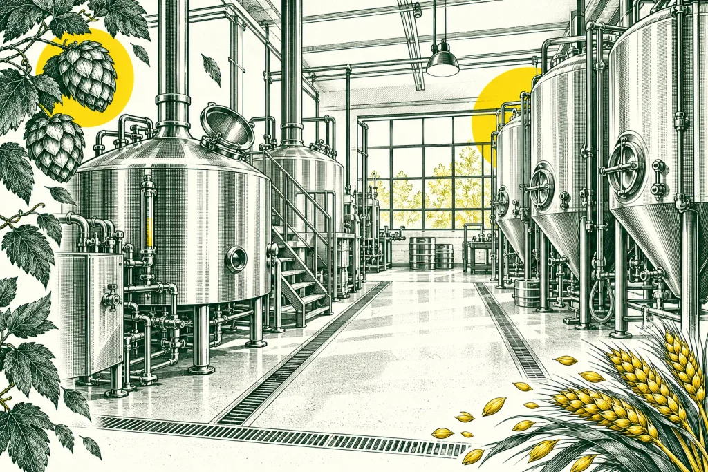 Illustration Pinteo d’un atelier de microbrasserie, avec ses cuves et ses espaces de circulation
