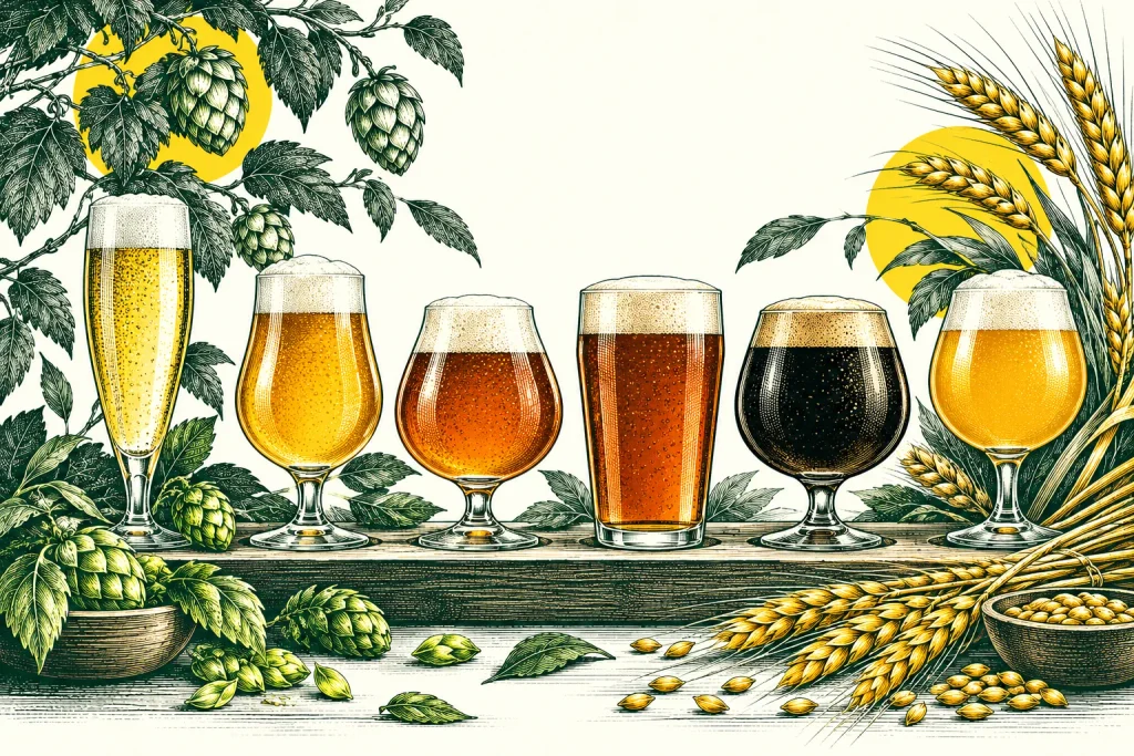 Verres présentant plusieurs styles de bière, de la blonde à la stout