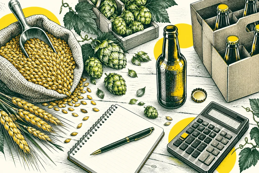 Malt, houblon, emballages et calculatrice pour établir les coûts