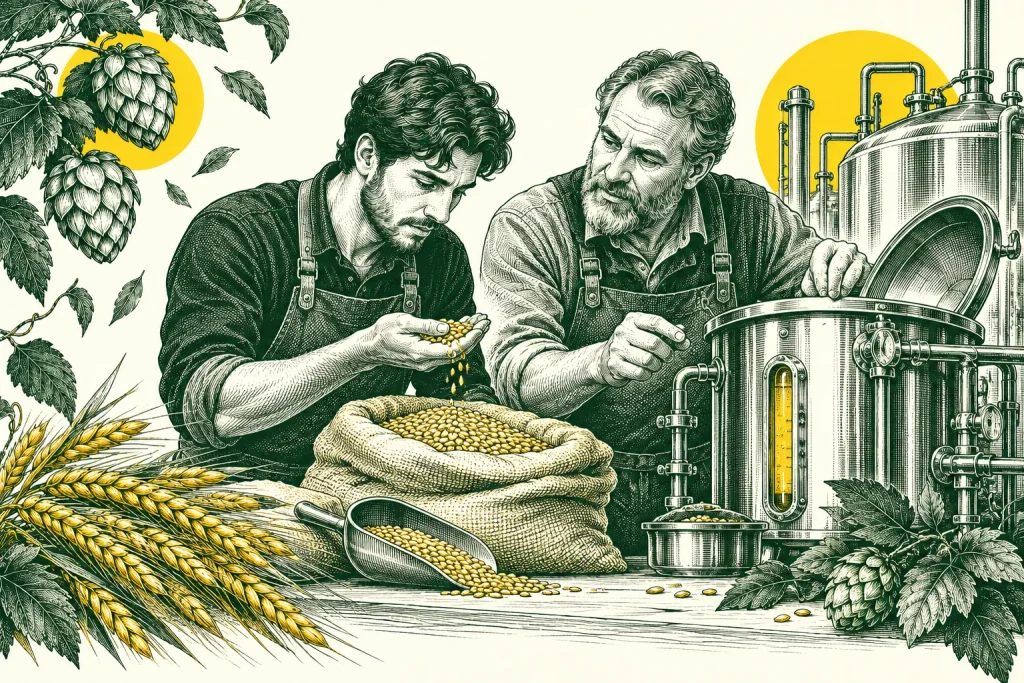 Apprenti et brasseur expérimenté examinant des grains de malt