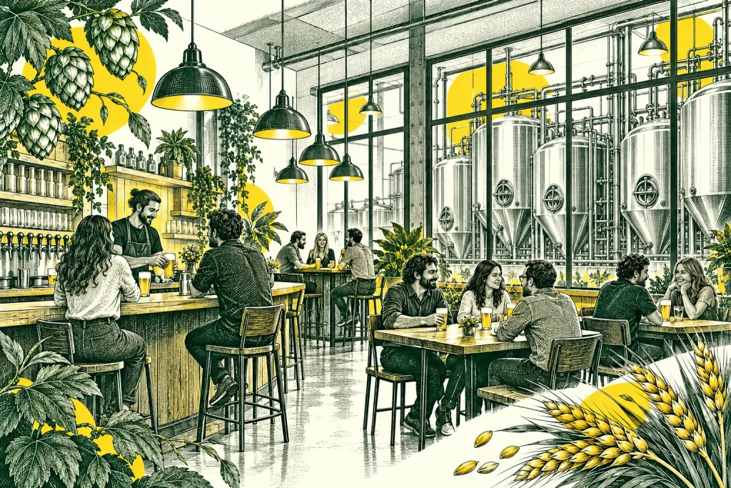 Taproom avec comptoir et cuves visibles
