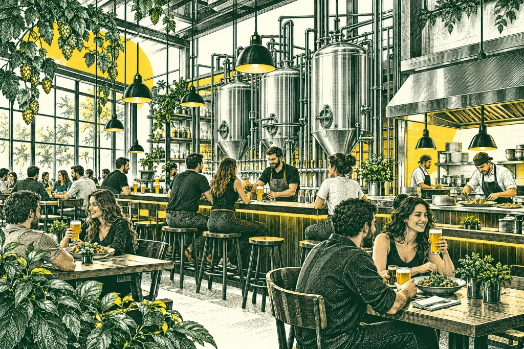 Brewpub réunissant bar, tables et espace de production
