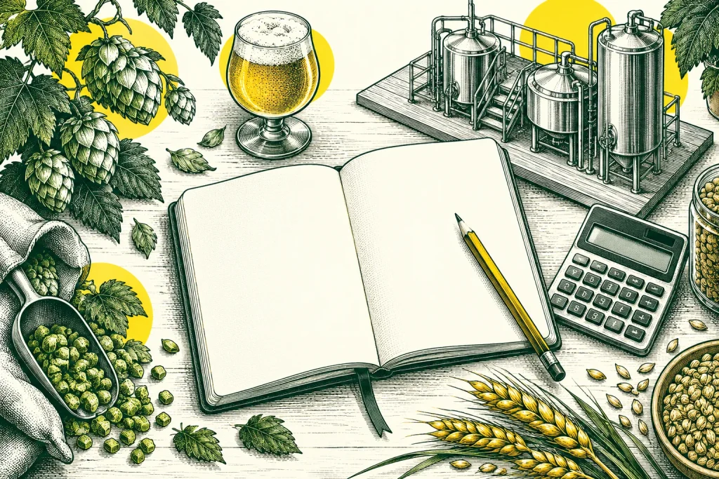 Carnet, calculatrice et maquette de brasserie pour préparer un business plan