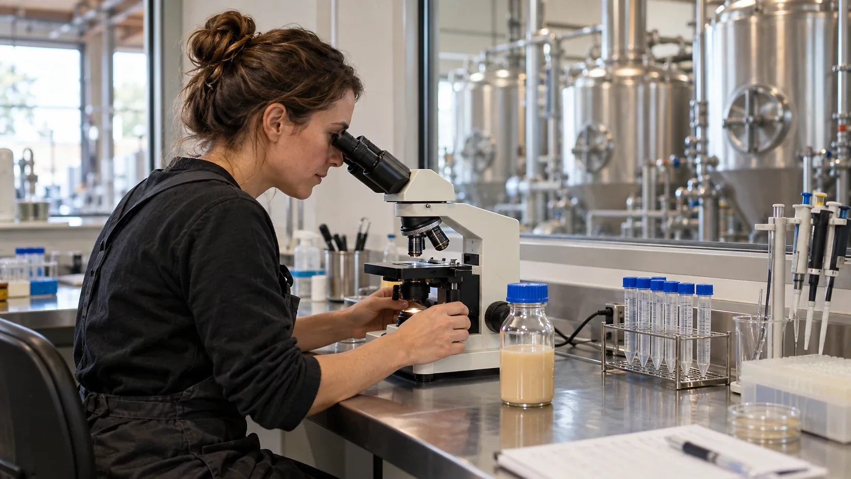 Contrôle des levures au microscope dans un laboratoire de brasserie — illustration générée