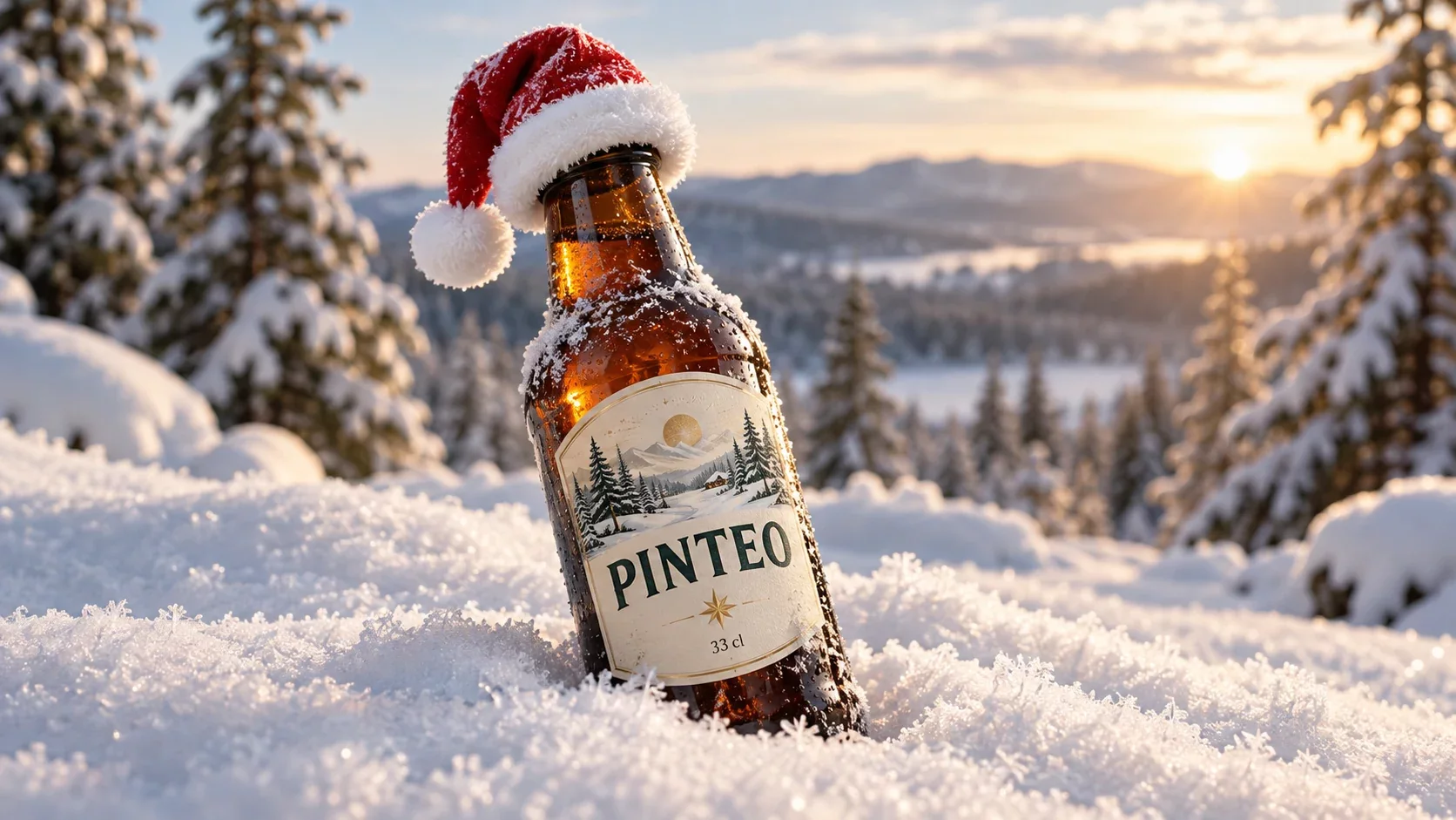 Bouteille Pinteo de 33 cl inclinée dans la neige avec un bonnet de Noël