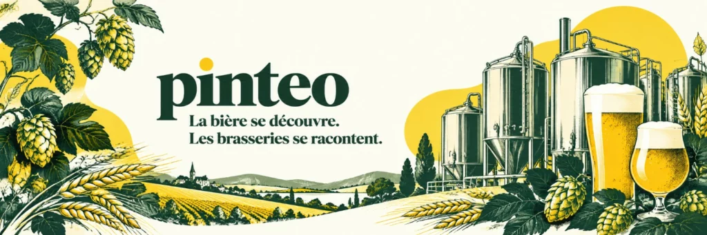 Pinteo : la bière se découvre, les brasseries se racontent. Illustration de houblon, de cuves et de verres, en jaune et vert.