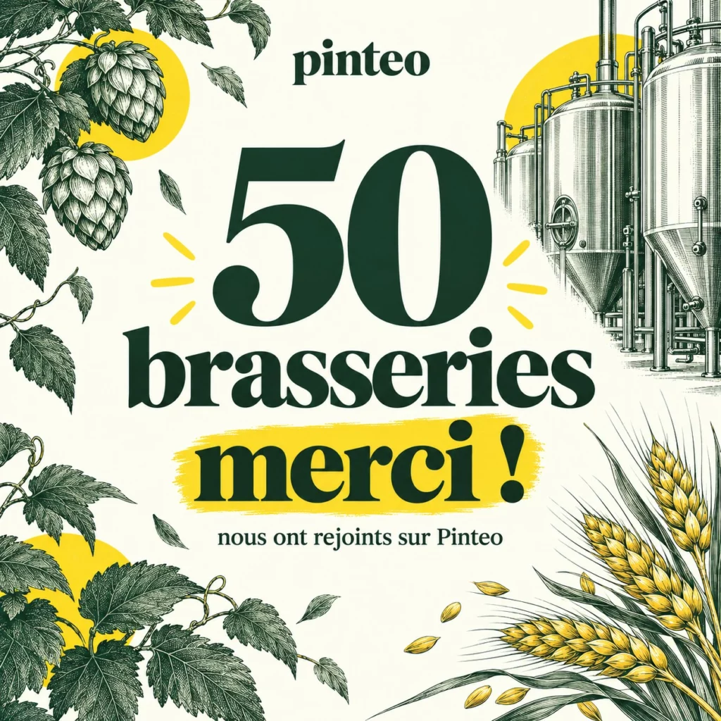 Pinteo remercie les 50 brasseries qui ont rejoint le site, illustration jaune et vert avec houblon et cuves.